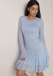 Niebieska Sukienka Koronkowa z Rozkloszowanymi Rękawami Cinatea. Niebieskie sukienki Born2be, na co dzień, l, bez wzorów, z koronki, bez kołnierzyka, bez ramiączek, mini, dopasowane. Za 149.99 zł.