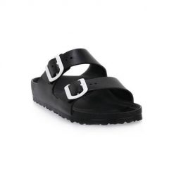 Klapki damskie Birkenstock Arizona Eva Calz S. Czarne klapki Birkenstock, bez wzorów, z materiału, bez obcasa. Za 452.00 zł.