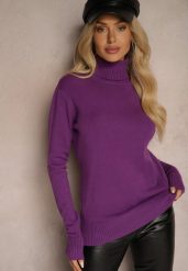 Ciemnofioletowy Golf Sweter o Dopasowanym Kroju z Kaszmirem Zairith. Fioletowe golfy Renee, z aplikacjami, z jeansu, bez ramiączek. Za 99.99 zł.