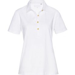 Shirt polo bonprix biały. Białe koszulki polo bonprix, bez wzorów, bez kołnierzyka, bez ramiączek. Za 54.99 zł.