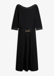 Sukienka z materiału punto di roma z satynowym paskiem. Czarne sukienki bonprix, bez wzorów, z satyny, eleganckie, bez kołnierzyka, bez ramiączek. Za 219.99 zł.