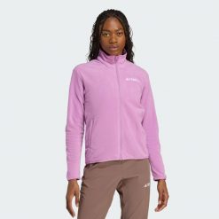 Bluza polarowa Multi Essentials z suwakiem na całej długości. Fioletowe bluzy Adidas, l, bez wzorów, z materiału, bez kaptura. Za 219.00 zł.