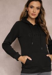 Czarna Ocieplana Bluza z Haftem i Kapturem Ieliana. Czarne bluzy Renee, l, bez wzorów, z dzianiny, z kapturem. W wyprzedaży za 71.99 zł.