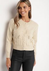 Beżowy Rozpinany Kardigan z Wiskozy z Kuleczkami Perełkami i Tłoczeniem Pokryty Brokatem Haririda. Brązowe kardigany Born2be, bez wzorów, z jeansu. Za 99.99 zł.