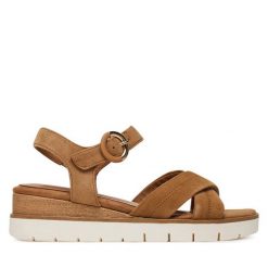 Sandały Tamaris. Brązowe sandały Tamaris, bez wzorów, bez obcasa, na koturnie, bez zapięcia. Za 259.99 zł.