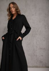 Czarna Sukienka z Wiskozą o Koszulowym Kroju z Wiązanym Paskiem Rissanni. Czarne sukienki Renee, l, bez wzorów, z wiskozy, eleganckie, bez kołnierzyka, bez ramiączek, koszulowe. Za 99.99 zł.