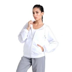 Błyszcząca damska bluza z kapturem zapinana na zamek. Białe bluzy LEONE 1947 APPAREL, l, bez wzorów, z tkaniny, z kapturem. W wyprzedaży za 167.70 zł.