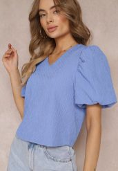 Niebieska Bluzka z Trójkątnym Dekoltem i Krótkimi Bufiastymi Rękawami Dysia. Niebieskie bluzki Renee, m, bez wzorów, eleganckie, bez kołnierzyka, bez ramiączek. W wyprzedaży za 97.99 zł.
