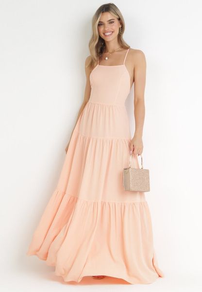 Pomarańczowa Maxi Sukienka na Cienkich Ramiączkach z Wiązaniem na Tyle Ozdobiona Falbankami Beatrics. Brązowe sukienki Born2be, na lato, m, bez wzorów, bez kołnierzyka, bez ramiączek, maxi. Za 119.99 zł.