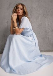 Jasnoniebieska Wiskozowa Sukienka na Lato z Taliowaniem Ozdobiona Koronkowymi Wstawkami Amahessa. Niebieskie sukienki Renee, na lato, l, bez wzorów, z koronki, eleganckie, bez kołnierzyka, bez ramiączek, maxi. Za 169.99 zł.