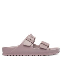 Klapki Birkenstock. Fioletowe klapki Birkenstock, bez wzorów, bez obcasa. Za 229.99 zł.