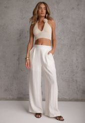 Beżowe Szerokie Spodnie Casual High Waist ze Strukturalnej Tkaniny Hyrarpia. Brązowe spodnie materiałowe Renee, na co dzień, l, bez wzorów, z jeansu, z podwyższonym stanem. Za 89.99 zł.