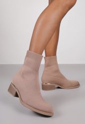 Ciemnobeżowe Botki na Niskim Słupku ze Skarpetkową Cholewką Etaliss. Brązowe botki Born2be, bez wzorów, z jeansu, bez obcasa, na obcasie, bez zapięcia. Za 139.99 zł.