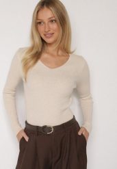Jasnobeżowy Dopasowany Sweter z Prążkowanej Dzianiny z Bawełną z Dekoltem w Serek Tesma. Brązowe swetry Born2be, uniwersalny, bez wzorów, z bawełny, bez ramiączek. Za 39.99 zł.