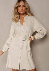 Beżowa Sukienka Koszula z Haftowanym Rękawem Wiązana w Pasie Passacalia. Brązowe koszule Renee, l, bez wzorów, z materiału, eleganckie, bez kołnierzyka, bez ramiączek. Za 139.99 zł.