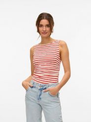 Vero Moda Top w kolorze biało-czerwonym rozmiar: L. Białe topy Vero Moda, l, bez wzorów, bez kołnierzyka, bez ramiączek. Za 74.81 zł.