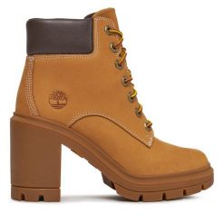 Trzewiki Timberland. Brązowe botki Timberland, bez wzorów, bez obcasa, na słupku, bez zapięcia. Za 579.99 zł.