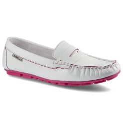 Mokasyny damskie Chebello, naturalna skóra licowa z charakterystycznym przeszyciem mokasynowym paskiem na podbiciu oraz elastyczną podeszwą z kontras. Białe mokasyny CheBello, bez wzorów, ze skóry, bez obcasa. Za 159.00 zł.