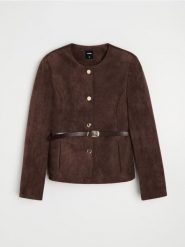 Żakiet slim fit z ozdobnymi guzikami i paskiem - brązowy. Brązowe marynarki i żakiety Sinsay, l, bez wzorów. Za 79.99 zł.