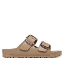 Klapki Birkenstock. Brązowe klapki Birkenstock, bez wzorów, bez obcasa. Za 299.99 zł.
