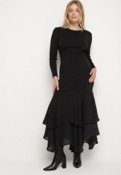 Czarna Sukienka z Wiskozą o Dopasowanym Kroju z Falbanami u Dołu Vebmara. Czarne sukienki Born2be, na randkę, m, bez wzorów, z materiału, eleganckie, bez kołnierzyka, bez ramiączek, maxi, dopasowane. Za 169.99 zł.