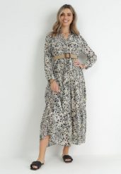 Szara Sukienka Maxi w Cętki z Gumą w Pasie i Plecionym Paskiem z Klamrą Anandra. Szare sukienki Born2be, l, bez wzorów, z gumy, bez kołnierzyka, bez ramiączek, maxi, kopertowe. Za 149.99 zł.