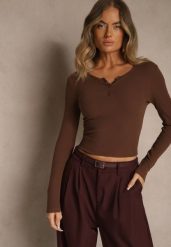 Brązowa Bawełniana Bluzka Longsleeve z Prążkowanej Tkaniny z Guziczkami Amandria. Brązowe bluzki Renee, m, bez wzorów, z bawełny, bez kołnierzyka, bez ramiączek. Za 59.99 zł.