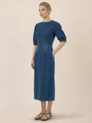 APART Sukienka dżinsowa w kolorze granatowym rozmiar: 38. Niebieskie sukienki Apart, bez wzorów, bez kołnierzyka, bez ramiączek, midi. Za 319.95 zł.
