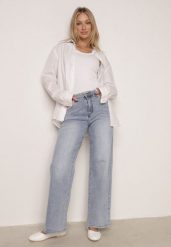 Niebieskie Jeansy Szerokie z Wysokim Stanem Ozdobione Przeszyciami Aikaea. Niebieskie jeansy Born2be, l, bez wzorów, z podwyższonym stanem. Za 129.99 zł.