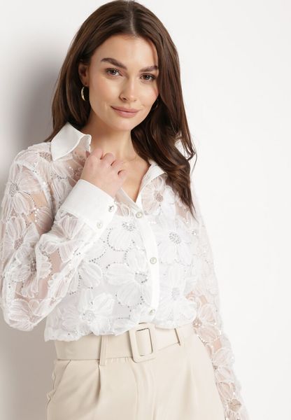 Jasnobeżowa Przezroczysta Koszula z Perełkami i Cekinami z Motywem Kwiatów Raviona. Brązowe koszule Born2be, l, bez wzorów, bez kołnierzyka, bez ramiączek. Za 129.99 zł.