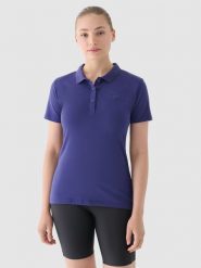 4F Koszulka polo slim damska - granatowa S. Niebieskie bluzki 4f, s, bez wzorów, z bawełny, klasyczne, bez kołnierzyka, bez ramiączek. W wyprzedaży za 39.99 zł.