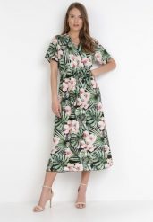 Czarno-Zielona Sukienka Phrixephila. Zielone sukienki Born2be, na lato, bez wzorów, z materiału, bez kołnierzyka, bez ramiączek, midi, kopertowe. Za 19.99 zł.
