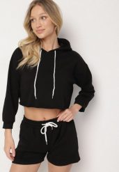 Czarny Komplet Dresowy z Bawełną Bluza z Kapturem Krótszego Kroju i Szorty Ralophea. Czarne bluzy Born2be, m, bez wzorów, z bawełny, z kapturem. Za 74.99 zł.