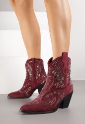 Bordowe Botki Kowbojki na Stożkowym Obcasie z Cyrkoniami Tullane. Czerwone botki Born2be, bez wzorów, bez obcasa, na obcasie, bez zapięcia. Za 159.99 zł.