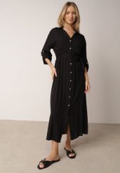 Czarna Bawełniana Sukienka Koszulowa w Stylu Safari z Wiązanym Paskiem Atusea. Czarne sukienki Born2be, na co dzień, l, bez wzorów, z bawełny, casualowe, bez kołnierzyka, bez ramiączek, maxi, koszulowe. Za 159.99 zł.