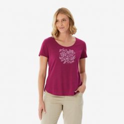 Koszulka turystyczna z krótkim rękawem damska Quechua NH500. Czerwone bluzki QUECHUA, l, bez wzorów, z bawełny, sportowe, bez kołnierzyka, bez ramiączek. Za 52.49 zł.