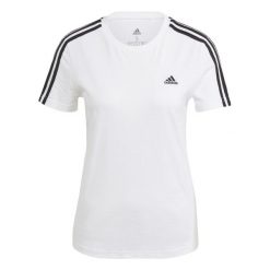 Essentials Slim 3-Stripes Tee. Białe koszulki sportowe Adidas, bez wzorów, bez ramiączek, na jogę i pilates. Za 103.00 zł.