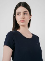 4F T-shirt slim gładki damski XS. Niebieskie koszulki sportowe 4f, bez wzorów, z bawełny, bez ramiączek, na fitness i siłownię. W wyprzedaży za 29.99 zł.