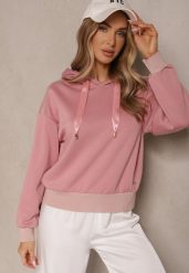 Różowa Bluza z Kapturem Ozdobiona Ściągaczami i Metaliczną Nitką Ulisiela. Czerwone bluzy Renee, l, bez wzorów, z jeansu, z kapturem. Za 59.99 zł.