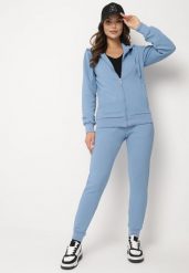 Niebieski Komplet Dresowy z Bawełną Bluza z Kapturem i Spodnie Jogger Sinaria. Niebieskie bluzy Born2be, l, bez wzorów, z bawełny, z kapturem. Za 119.99 zł.