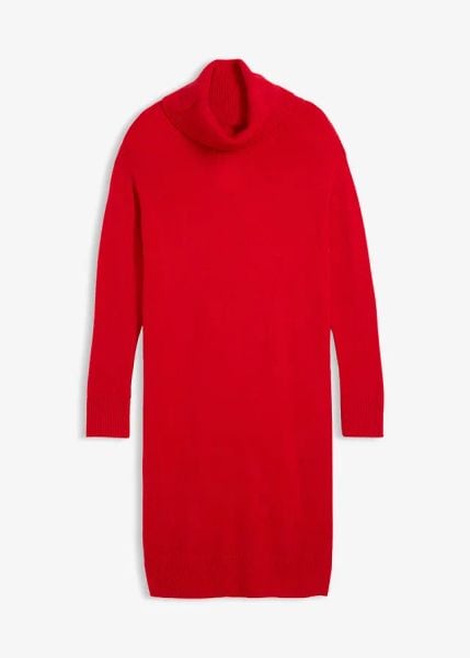Sukienka dzianinowa oversize z golfem. Czerwone sukienki bonprix, bez wzorów, z dzianiny, bez kołnierzyka, bez ramiączek, oversize. Za 127.99 zł.