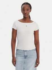 Tommy Jeans T-Shirt Lettuce Edge DW0DW22460 Écru Slim Fit. T-shirty Tommy Jeans, m, bez wzorów, z bawełny, bez kołnierzyka, bez ramiączek. Za 189.99 zł.