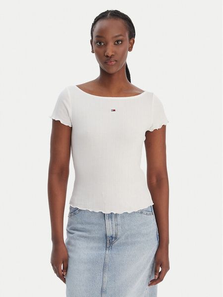 Tommy Jeans T-Shirt Lettuce Edge DW0DW22460 Écru Slim Fit. T-shirty Tommy Jeans, m, bez wzorów, z bawełny, bez kołnierzyka, bez ramiączek. Za 169.99 zł.