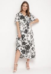 Biało-Czarna Sukienka Długa z Kopertową Górą w Kwiatowy Print Solmare. Białe sukienki Born2be, na co dzień, l, bez wzorów, eleganckie, bez kołnierzyka, bez ramiączek, maxi, kopertowe. Za 59.99 zł.