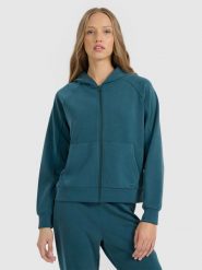 4F Bluza dresowa rozpinana z modalem damska - turkusowa M. Niebieskie bluzy 4f, m, bez wzorów, z dresówki, z kapturem. Za 189.99 zł.
