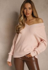 Jasnoróżowy Sweter z Dodatkiem Kaszmiru i Trójkątnym Dekoltem Silefera. Czerwone swetry Renee, bez wzorów, z jeansu, bez ramiączek. Za 99.99 zł.