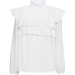 Bluzka z falbanami bonprix biały. Białe bluzki bonprix, bez wzorów, z materiału, bez kołnierzyka, bez ramiączek. Za 69.99 zł.