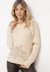Beżowy Sweter Ozdobiony Cekinami Koralikami i Cyrkoniami w Kształcie Kwiatka Romiella. Brązowe swetry Born2be, s, z aplikacjami, z jeansu, bez ramiączek. Za 84.99 zł.