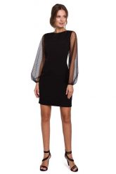 Czarna Szykowna Sukienka z Tiulowym Rękawem. Czarne sukienki MAKEOVER, l, bez wzorów, z elastanu, eleganckie, bez kołnierzyka, bez ramiączek. Za 178.91 zł.
