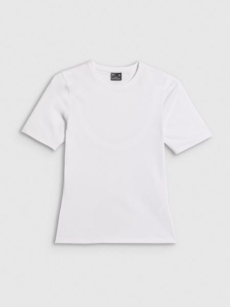 4F T-shirt slim gładki damski - biały S. Białe t-shirty 4f, s, bez wzorów, z materiału, bez kołnierzyka, bez ramiączek. W wyprzedaży za 39.99 zł.